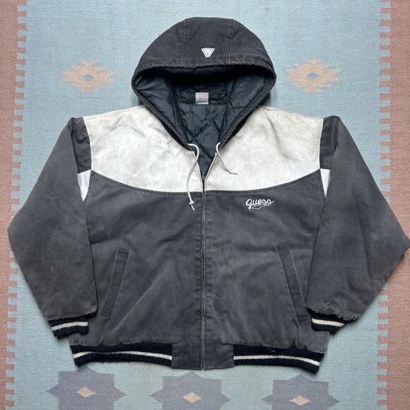 Vintage guess hooded work jacket canvas Carhartt style quilt lined distressed XL - Picture 5 of 14